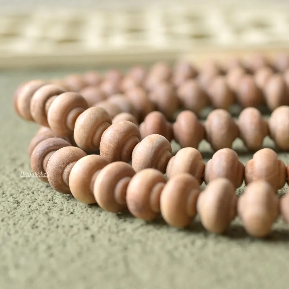 Sandalwood Muslim Misbaha Prayer Beads - 9 mm Contoured Naturally Scented Wood with Beige Tassels - 99ct Tasbih Durable Lifetime Warranty - image 3