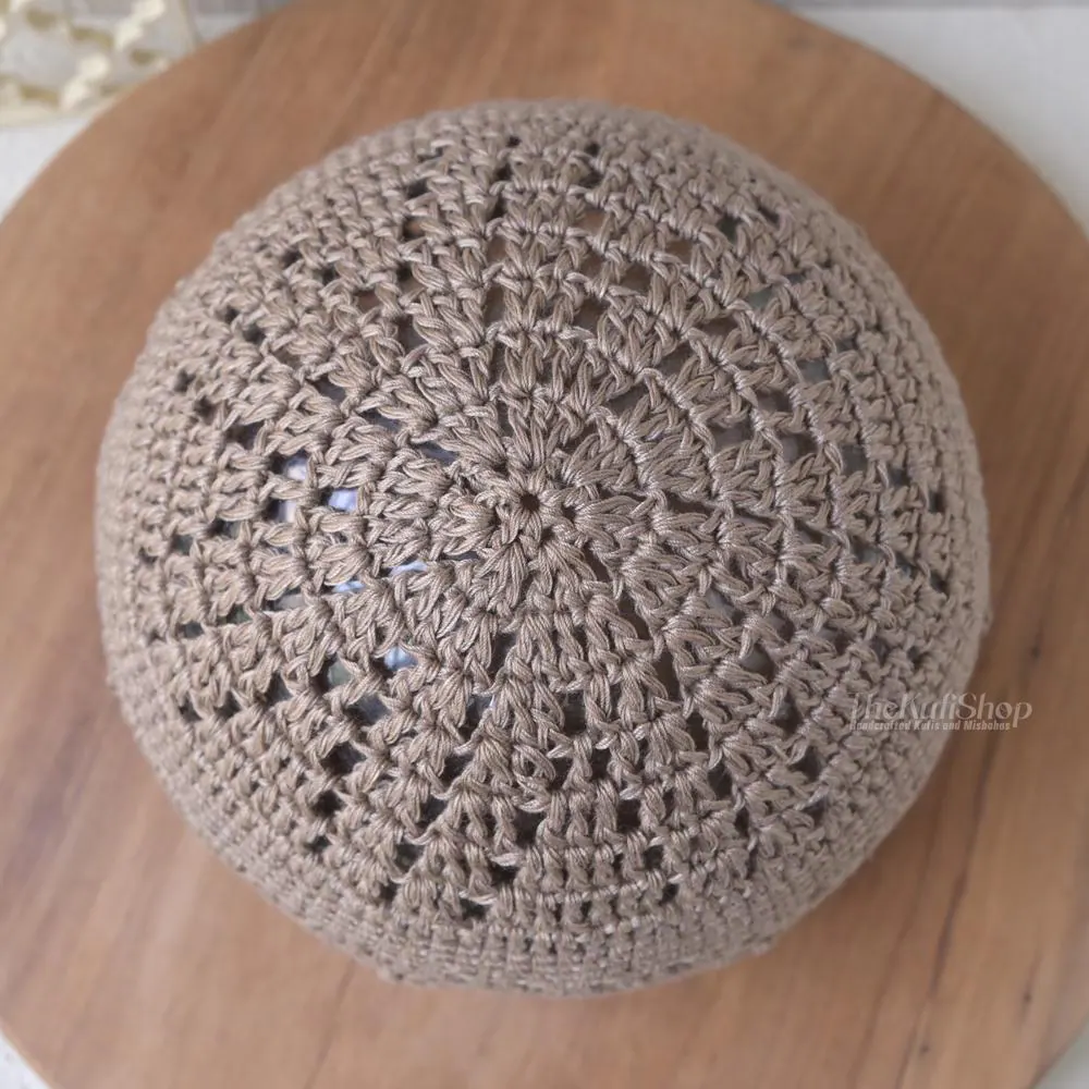 Handcrafted Crochet Kufi Prayer Skull Cap – Light Brown Stretch Fit Handcrochet Open-Weave Yemeni Simple Diamond Knots Design -Muslim Rosary - image 4