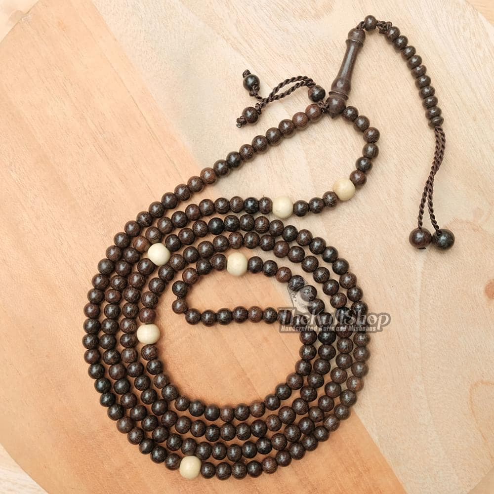 Muslim Prayer Beads - 7 mm Round Naqshbandi Tariqah Tamarind Wood Sufi Misbaha | 196-count Dhikr Beads with Yellow Citrus Dividers Gift Box