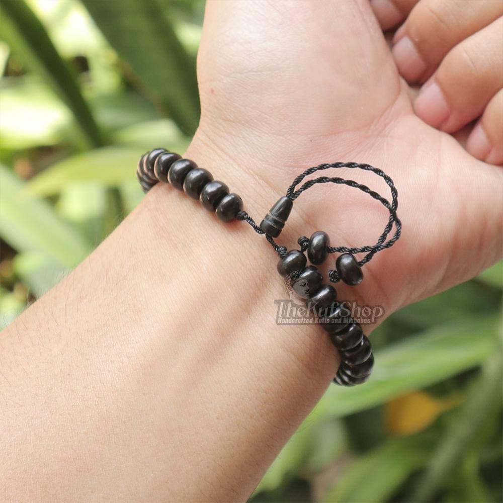 Kuka Bracelet Misbaha - Handcrafted Small Rondelle Shape 5x8mm 33 Black Beads - Adjustable Beaded Bracelet Tasbih for 6.5-8 inches Wrists