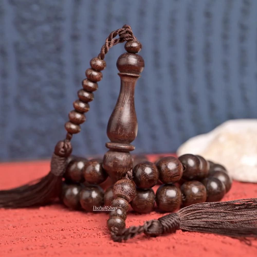 Handcrafted 33 count Islamic Contoured Saucer-shaped 8x11 Prayer Beads - Dark Brown Muslim Tamarind wood Misbaha - image 3