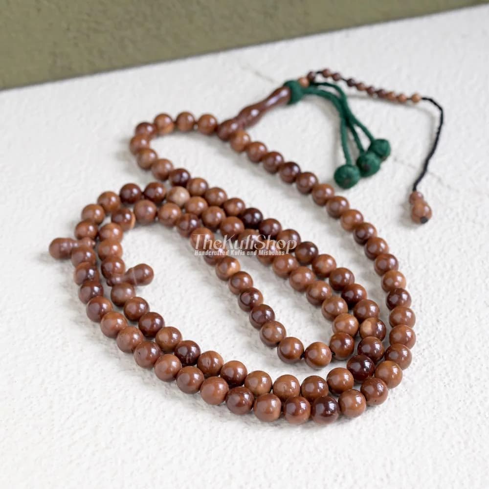 Natural Palm Seed Kuka Tasbih - 6-9mm Shiny Handcrafted 99-ct Waterproof Hard Dense Bead s- Muslim Prayer Beads with Yarn Stops Gift Boxed