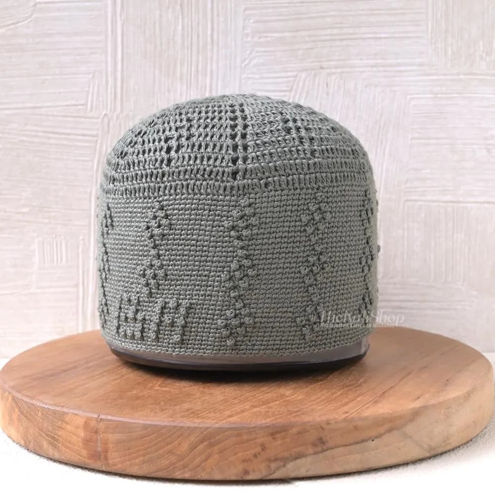 Handcrafted Crochet Kufi Prayer Skull Cap – Dark Olive Stretch Fit Open Weave Islamic Hat w/ Lined Triple Diamond Design - Muslim Head Cover