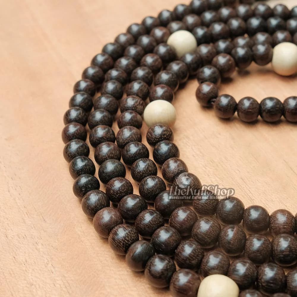 Muslim Prayer Beads - 7 mm Round Naqshbandi Tariqah Tamarind Wood Sufi Misbaha | 196-count Dhikr Beads with Yellow Citrus Dividers Gift Box - image 4