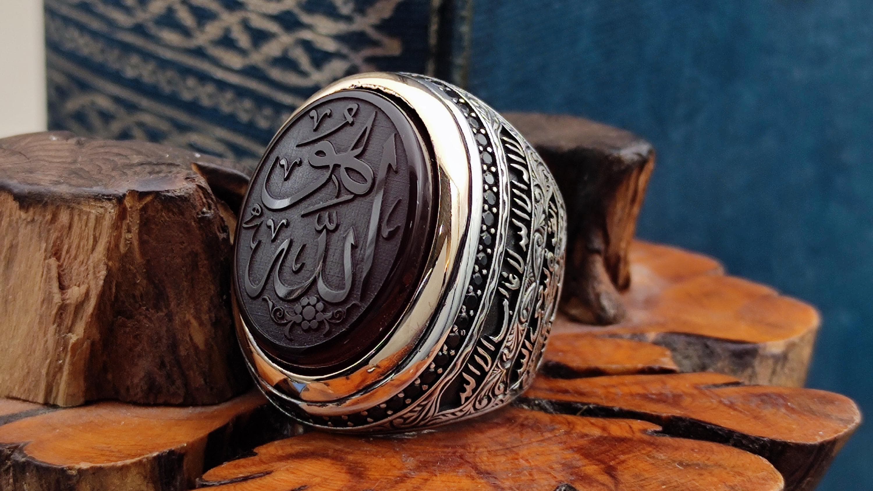 Silver men's ring with The Allah written on Agate, Handmade Silver Ring, Islamic Gift for men, Gift for him, Gift for husbend