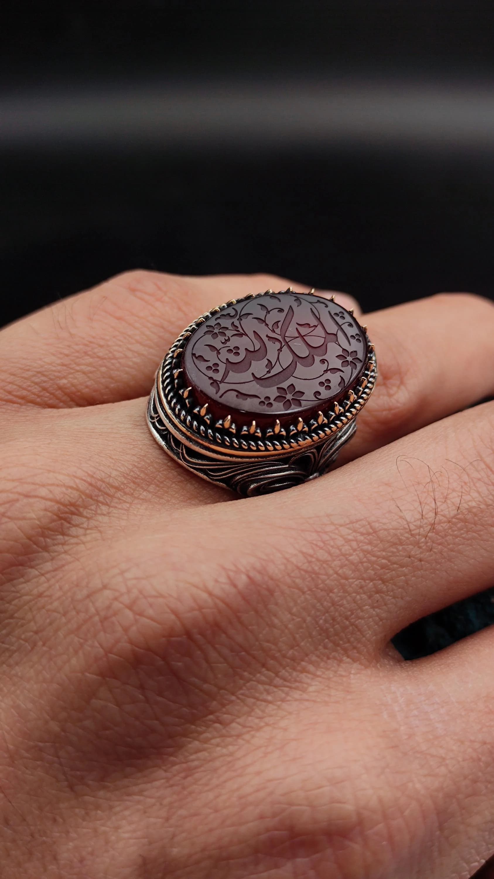 Unique Handmade Silver Men's Ring with carved El-Mülkü Lillâh written on agate stone, Muslim Ring, Islamic Jewelry, Gift for My Husband