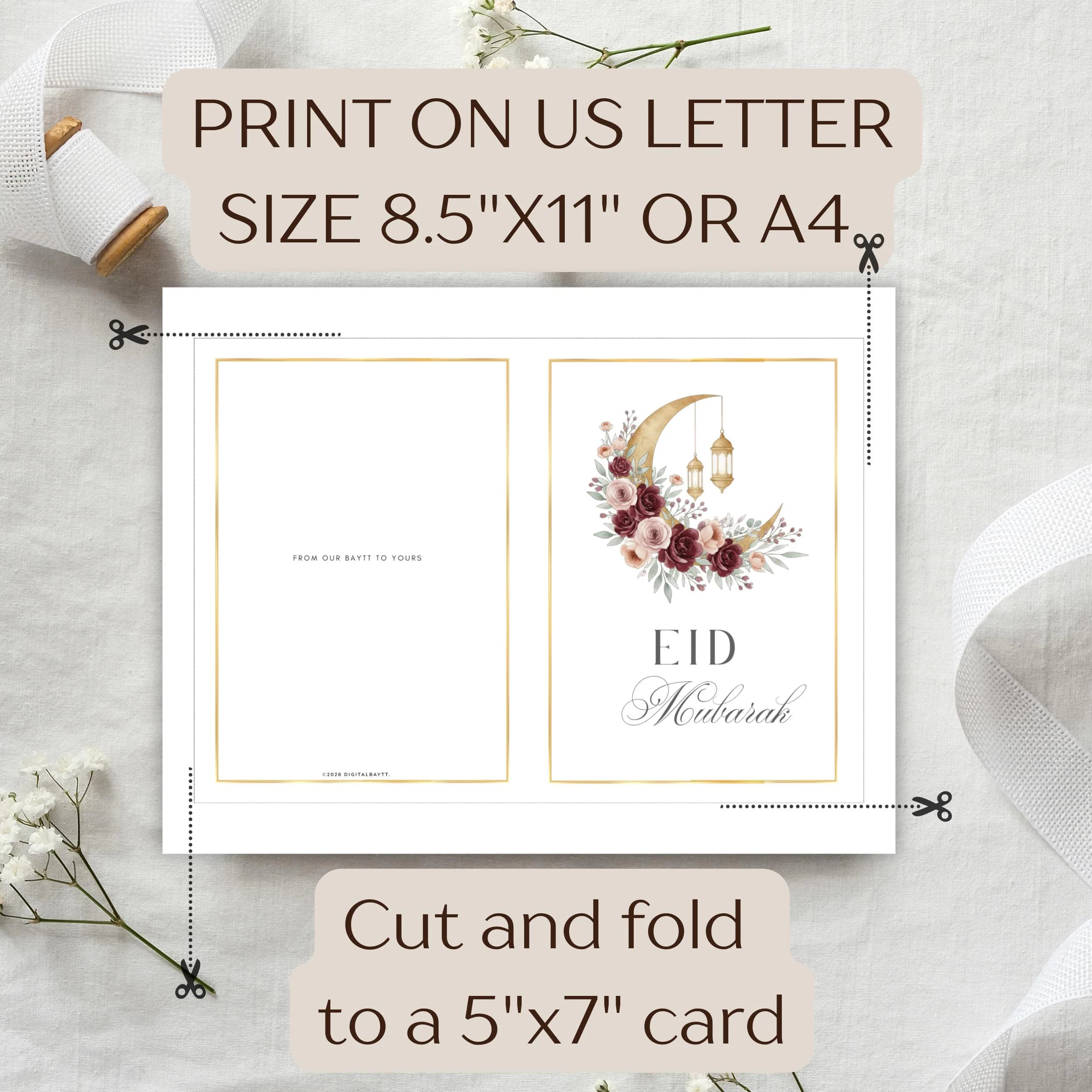 Watercolor Eid Mubarak Card, Floral Crescent Moon Islamic Greeting (Digital Download) - image 5