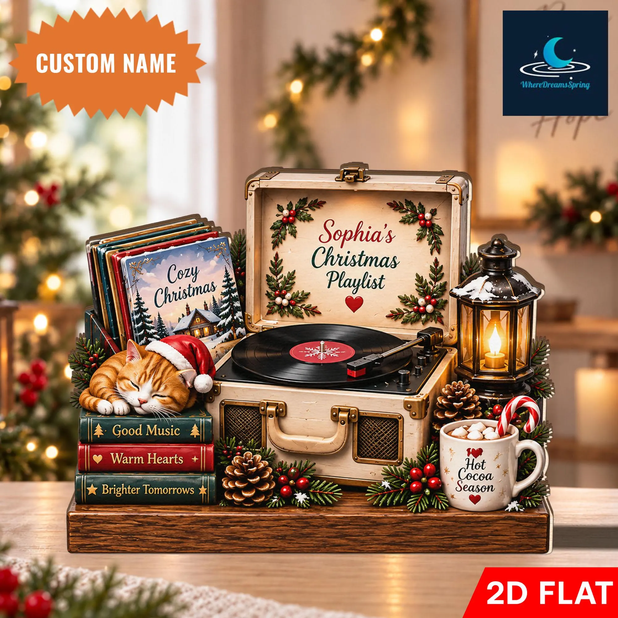 Personalized Christmas Music Wooden Block, Custom Name Holiday Decor, Record Player Display, Cozy Winter Tabletop Gift