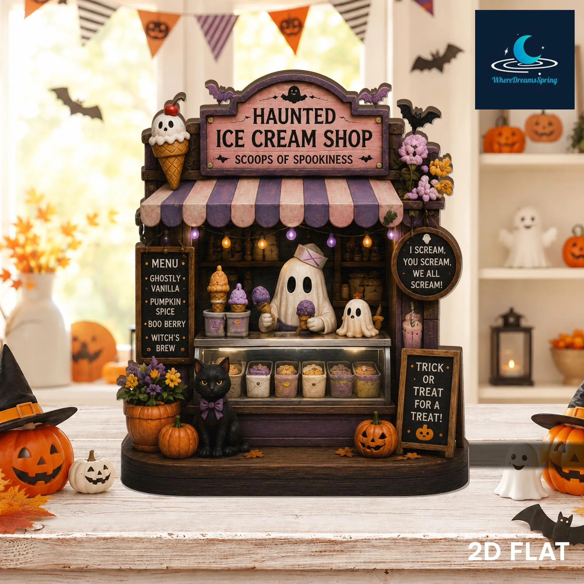 Haunted Ice Cream Shop Sign, Spooky Halloween Decor, Ghost Display, Fall Shelf Accent - image 4
