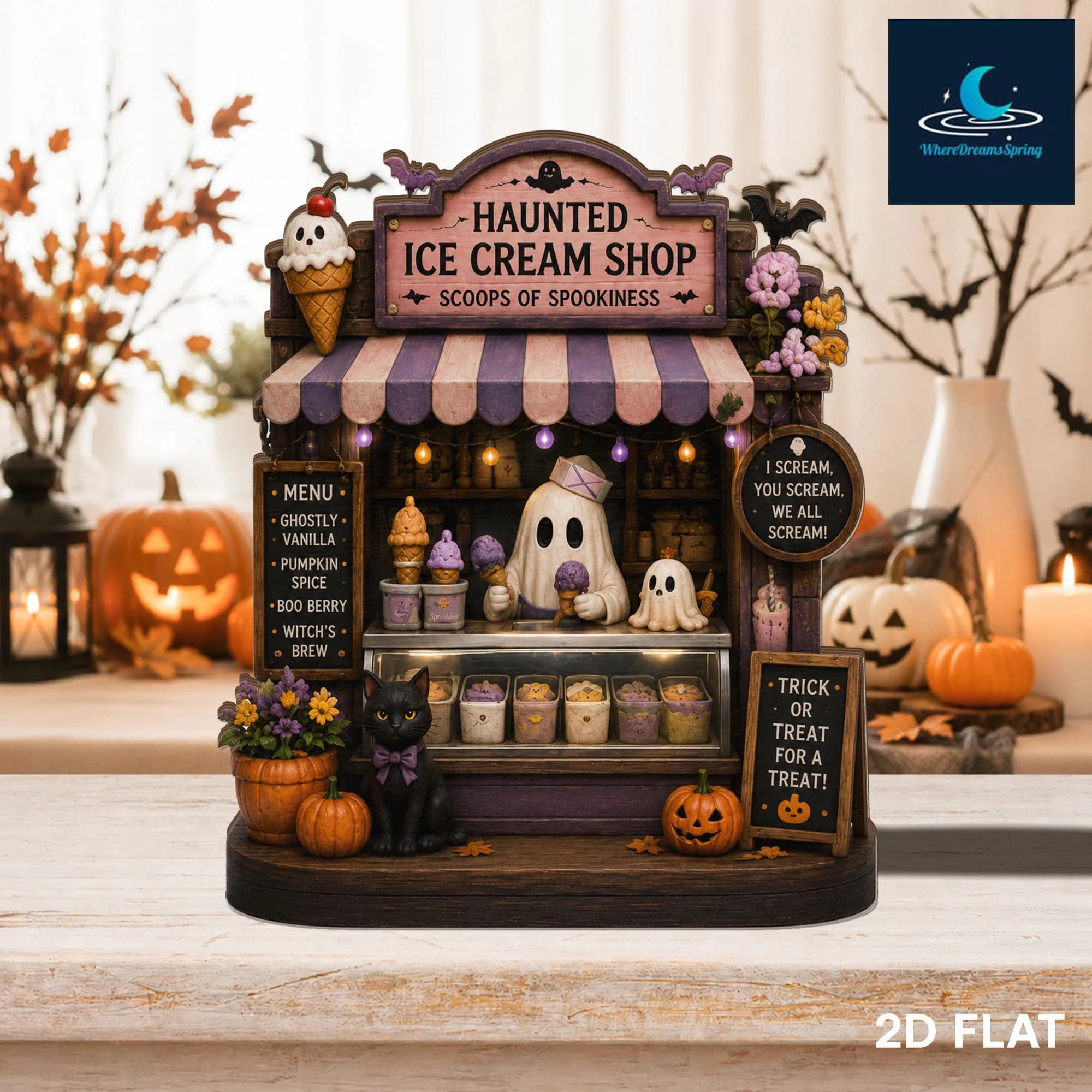Haunted Ice Cream Shop Sign, Spooky Halloween Decor, Ghost Display, Fall Shelf Accent