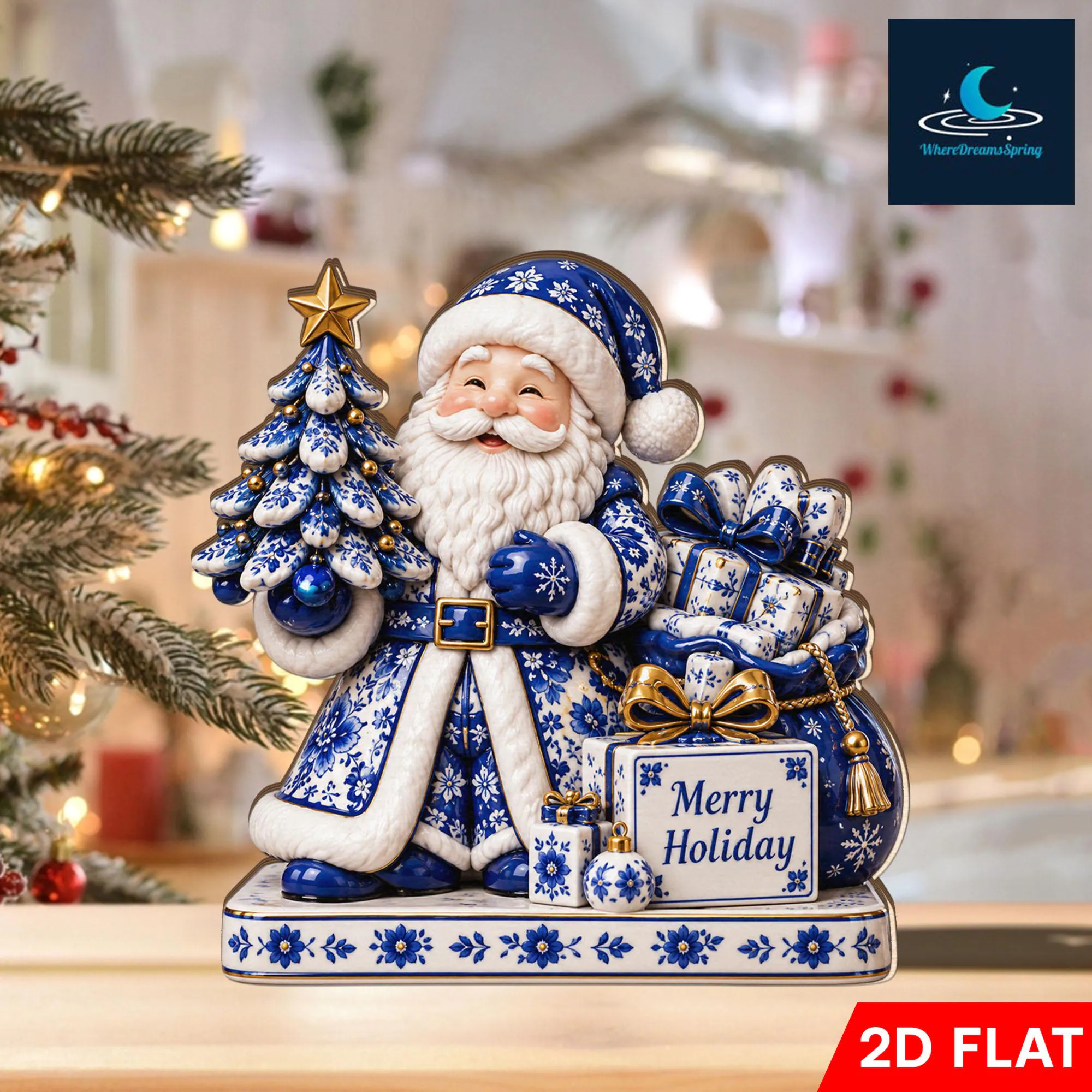 Blue White Santa Wooden Block, Christmas Tabletop Christmas Decoration, Winter Tabletop Decoration Decor