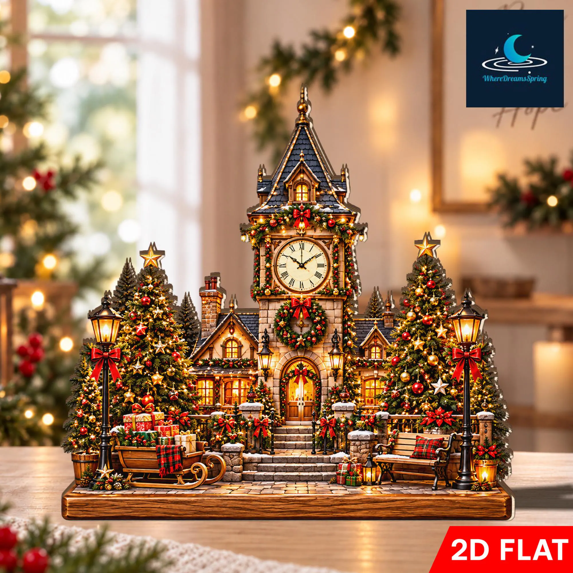 Christmas Clock Tower Wooden Block, Festive Village Decor, Winter Town Display, Snowy Holiday Home Scene, Christmas Tabletop Decoration