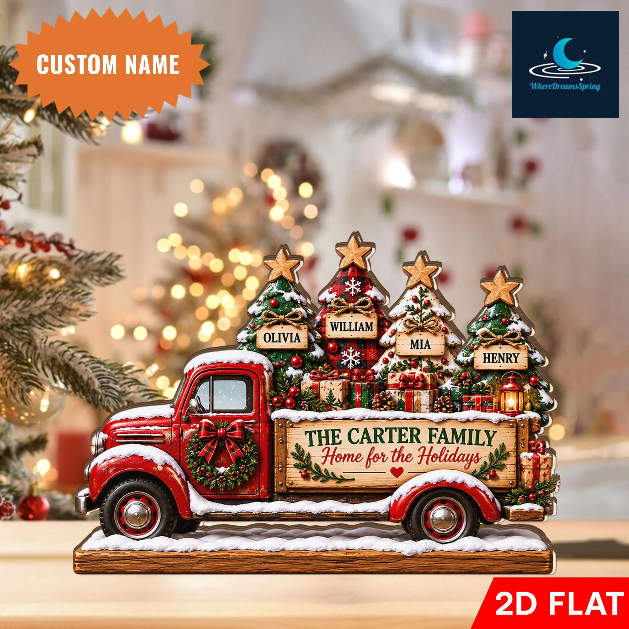 Personalized Christmas Truck Wooden Block, Custom Family Name Holiday Decor, Family Tree Farm Truck Display, Winter Tabletop Gift