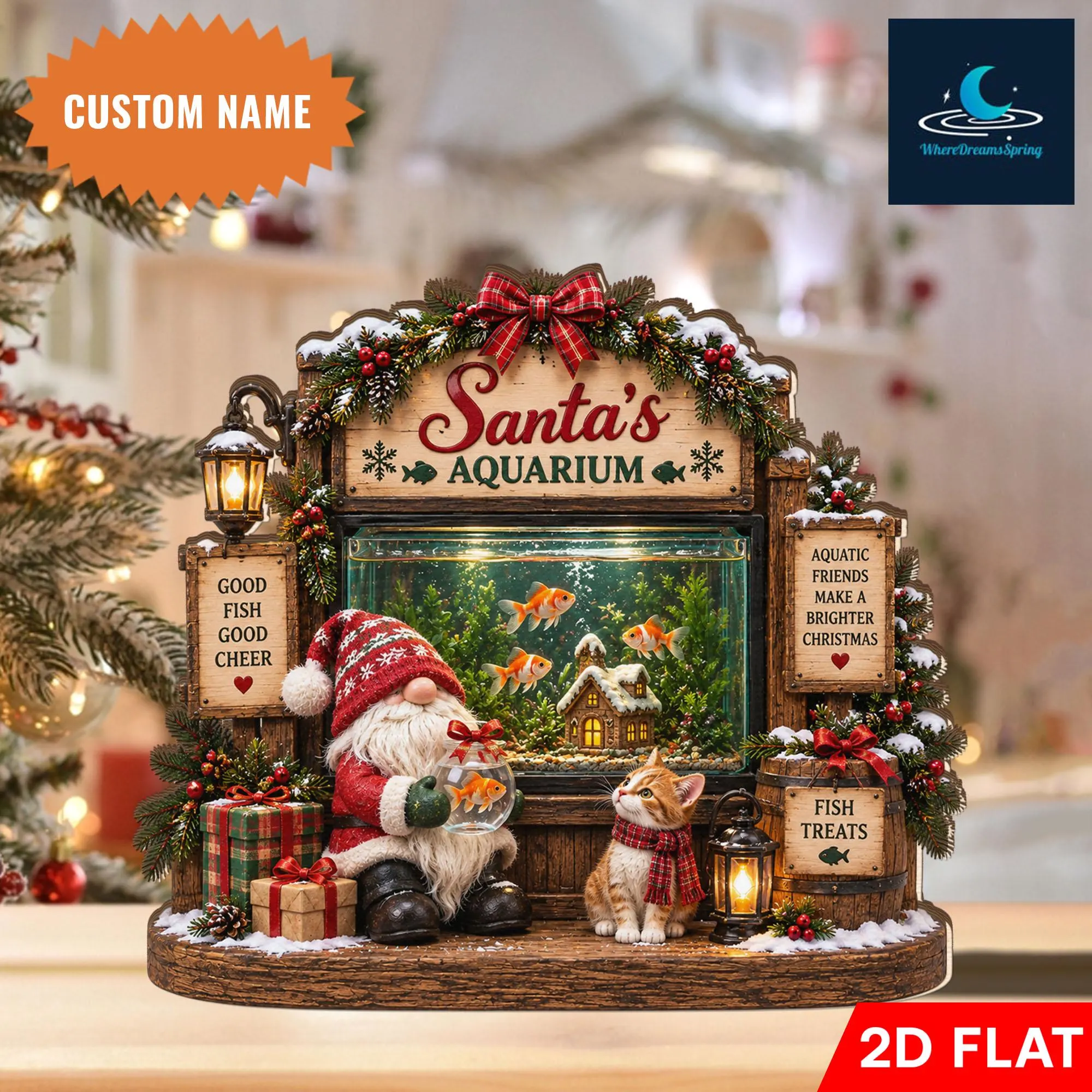 Personalized Christmas Aquarium Wooden Block, Custom Fish Lover Decor, Santa Fish Tank Display (2D Flat)