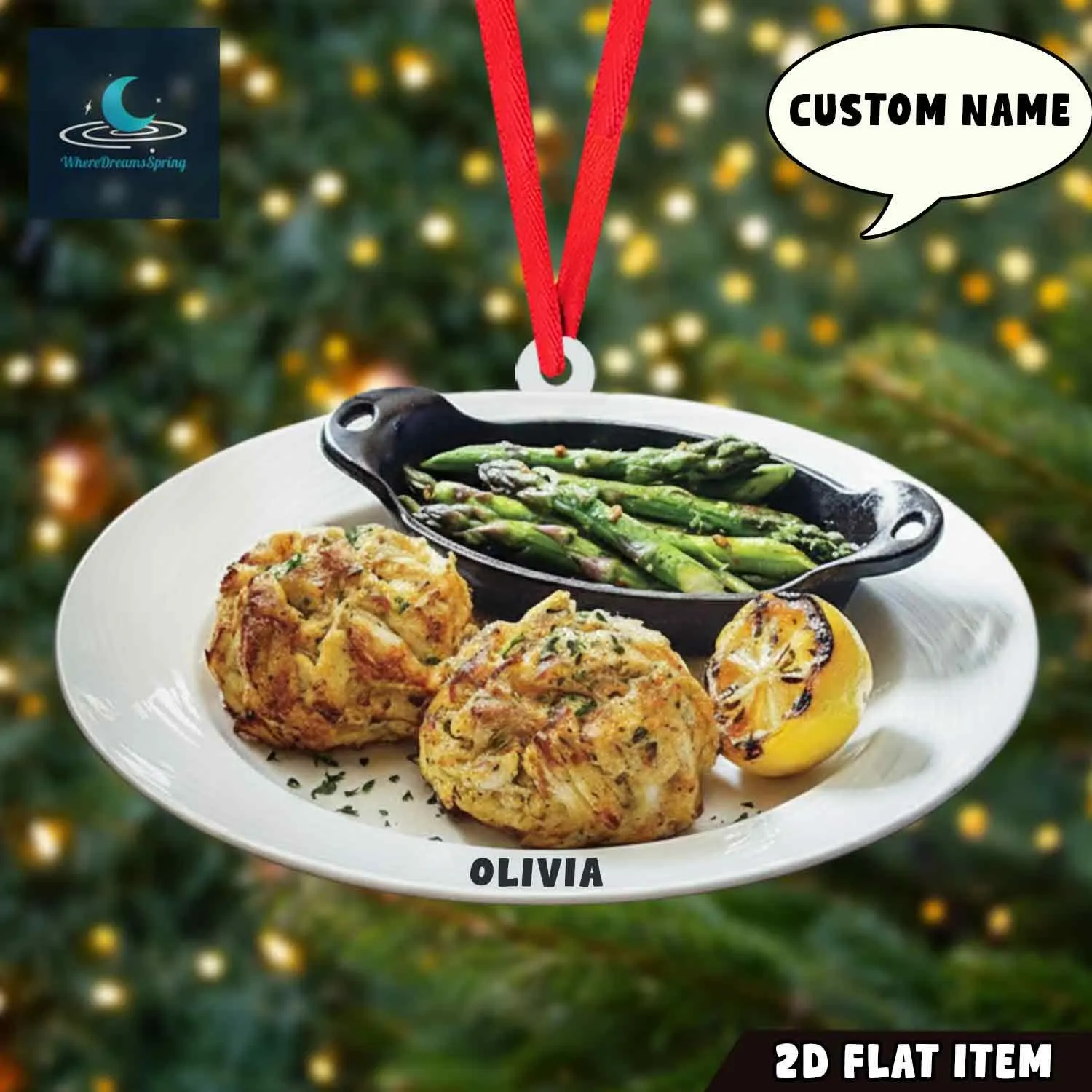Personalized Crab Cake Christmas Ornament, Coastal Foodie Gift