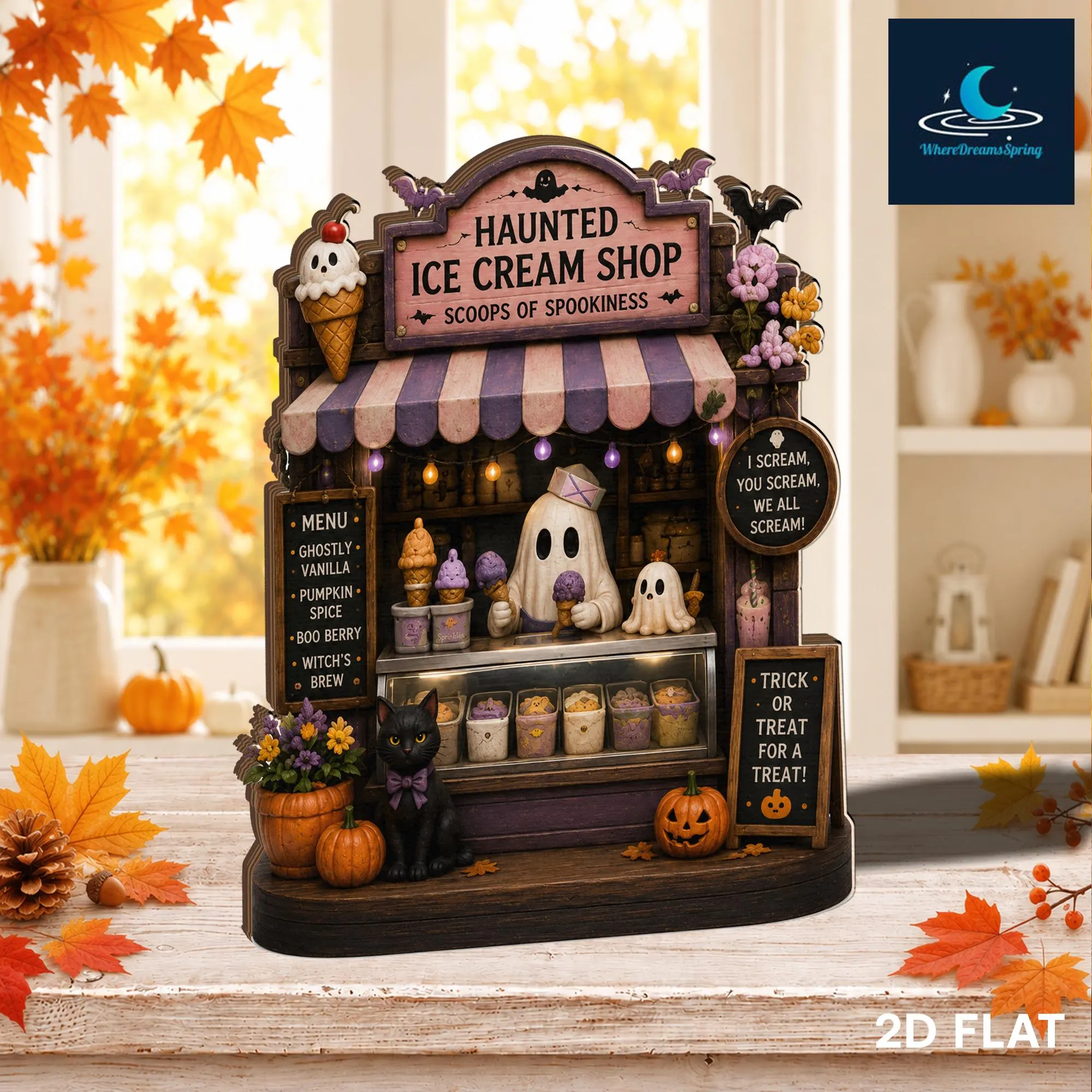 Haunted Ice Cream Shop Sign, Spooky Halloween Decor, Ghost Display, Fall Shelf Accent - image 3