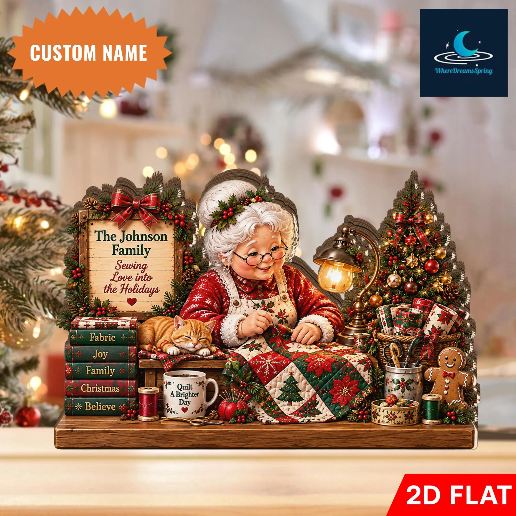 Personalized Quilting Grandma Wooden Block, Sewing Holiday Decor, Custom Family Name, Quilt Lover Gift, Cozy Winter Tabletop Display