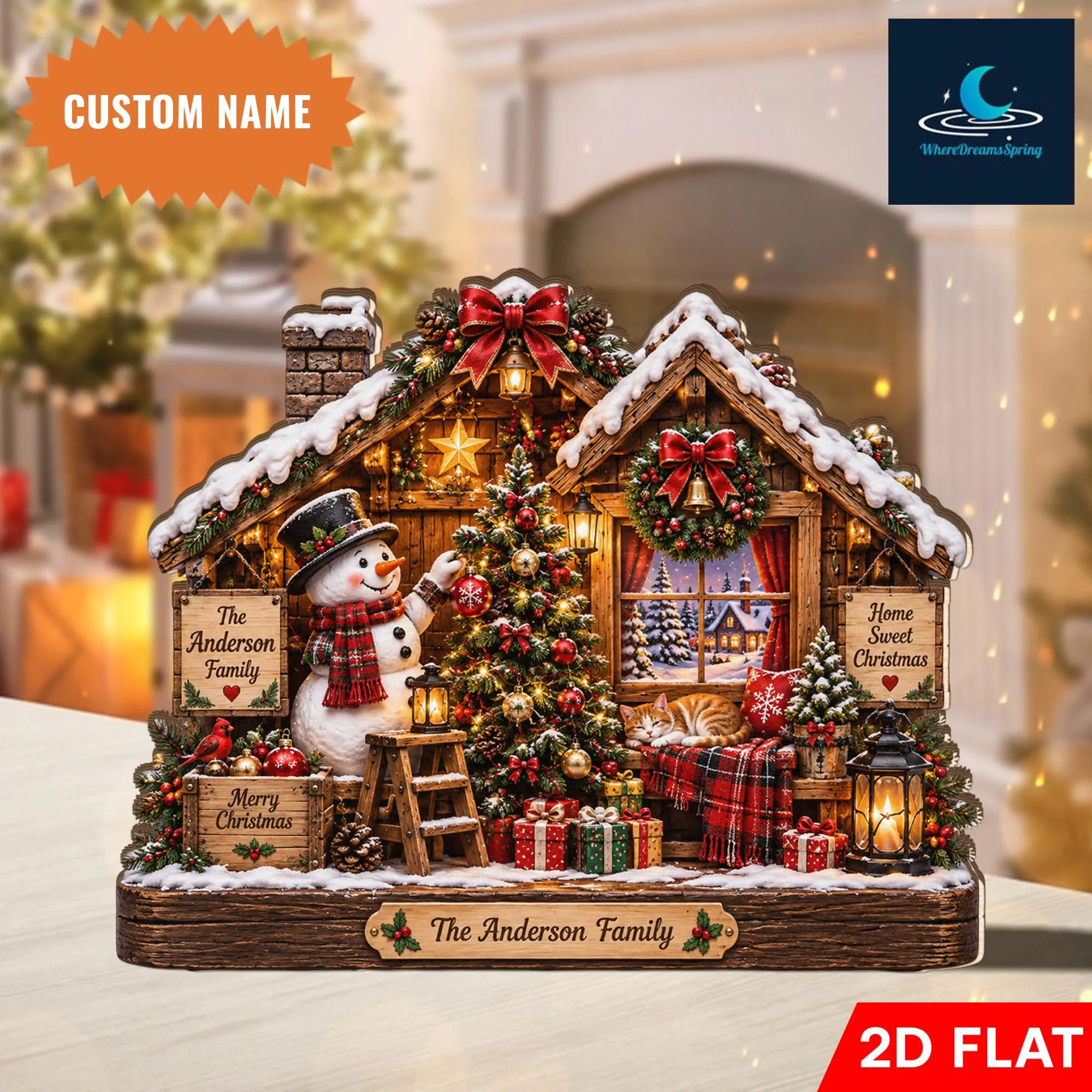 Personalized Snowman Christmas Cabin Wooden Block, Custom Family Holiday Decor