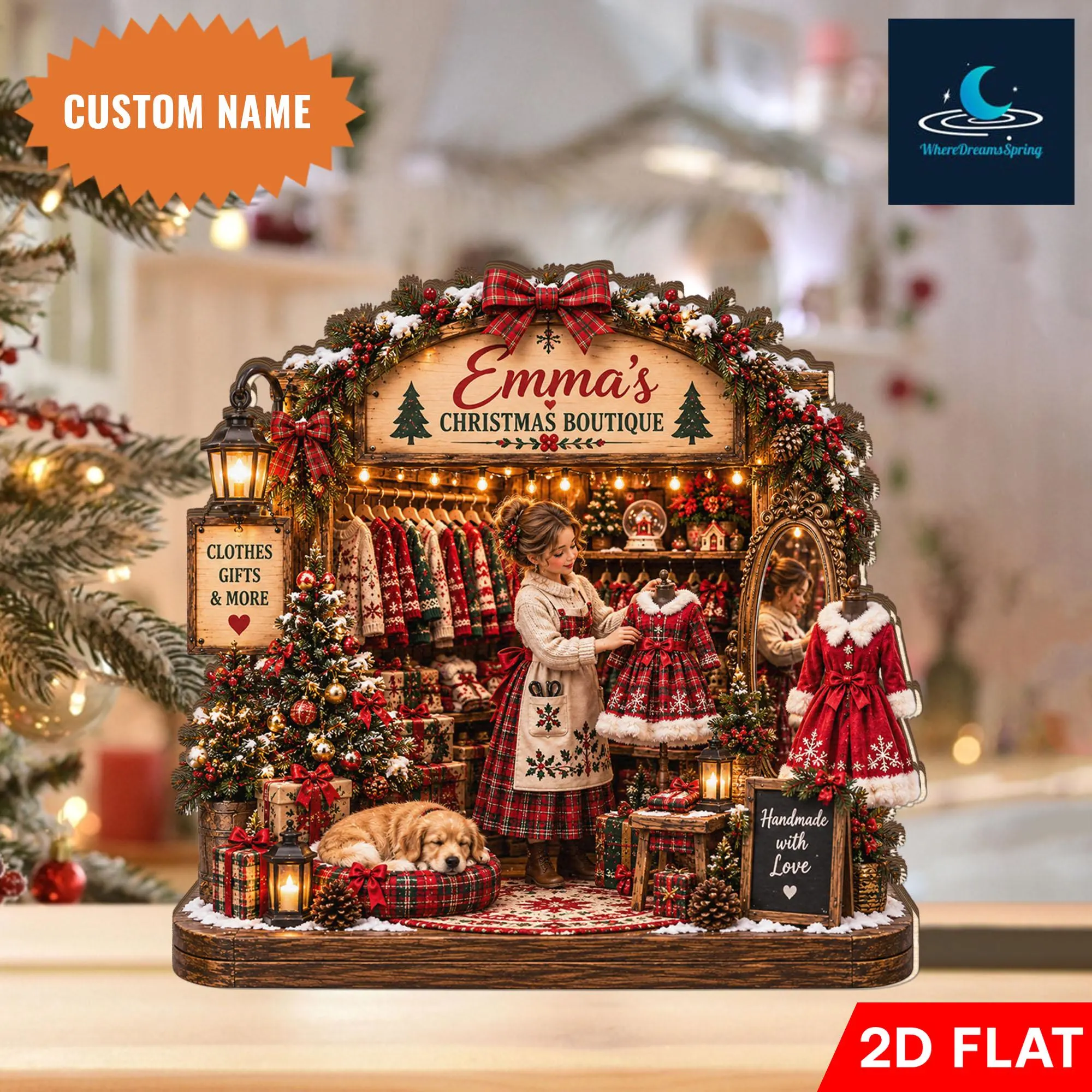 Personalized Christmas Boutique Wooden Block, Custom Holiday Shop Decor, Handmade Home Accent