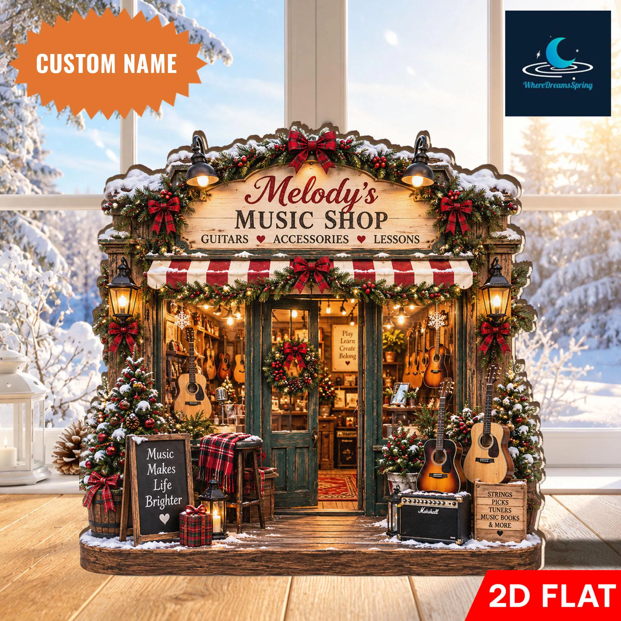 Personalized Music Shop Wooden Block, Custom Name Guitar Lover Gift