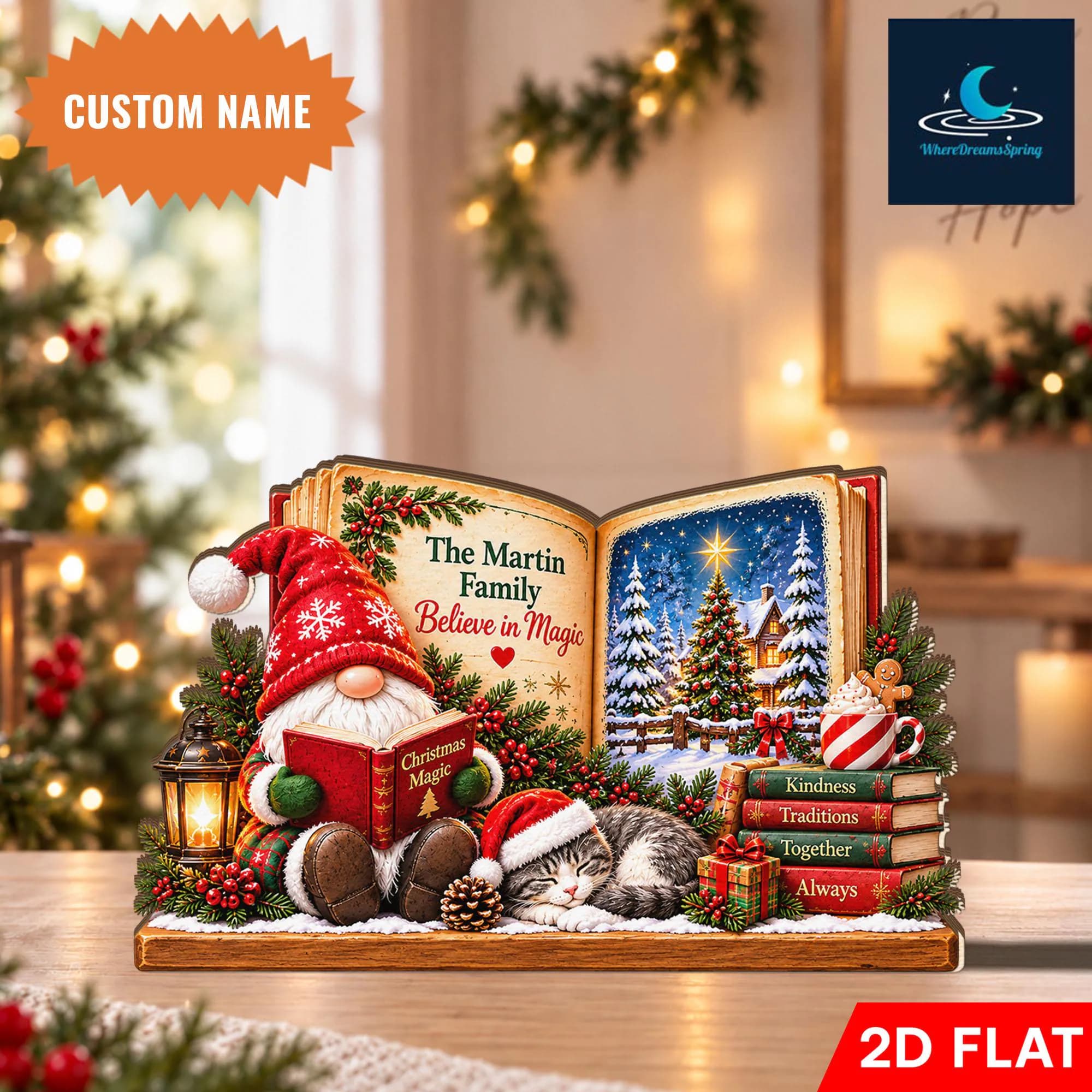 Personalized Christmas Reading Nook Wooden Block, Custom Family Name Decor, Cozy Winter Book Lover Gift, Holiday Home Display