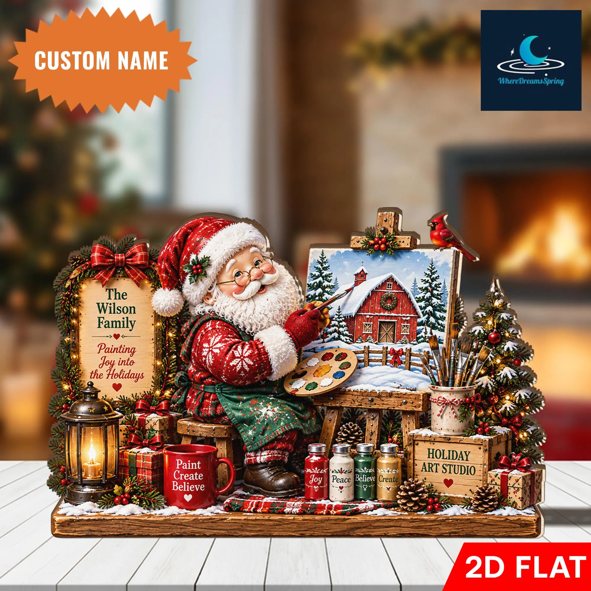 Personalized Santa Painting Wooden Block, Holiday Art Studio Decor, Custom Family Name, Winter Artist Gift, Festive Tabletop Display