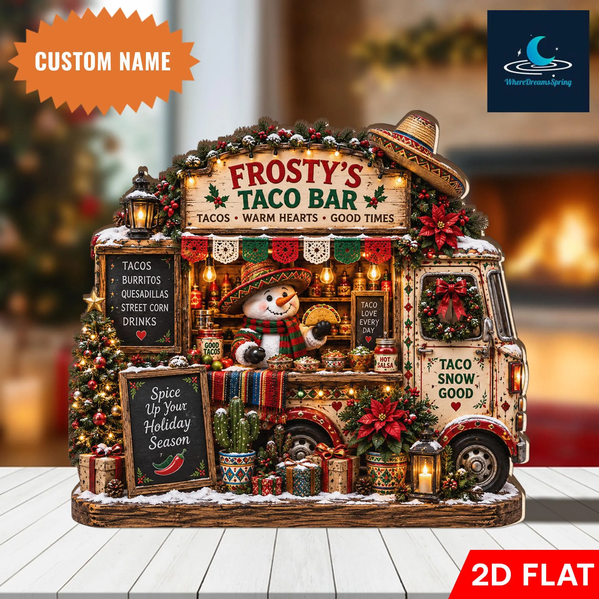Personalized Taco Bar Wooden Block, Custom Snowman Food Truck Decor, Mexican Kitchen Accent, Holiday Display, Food Lover Gift