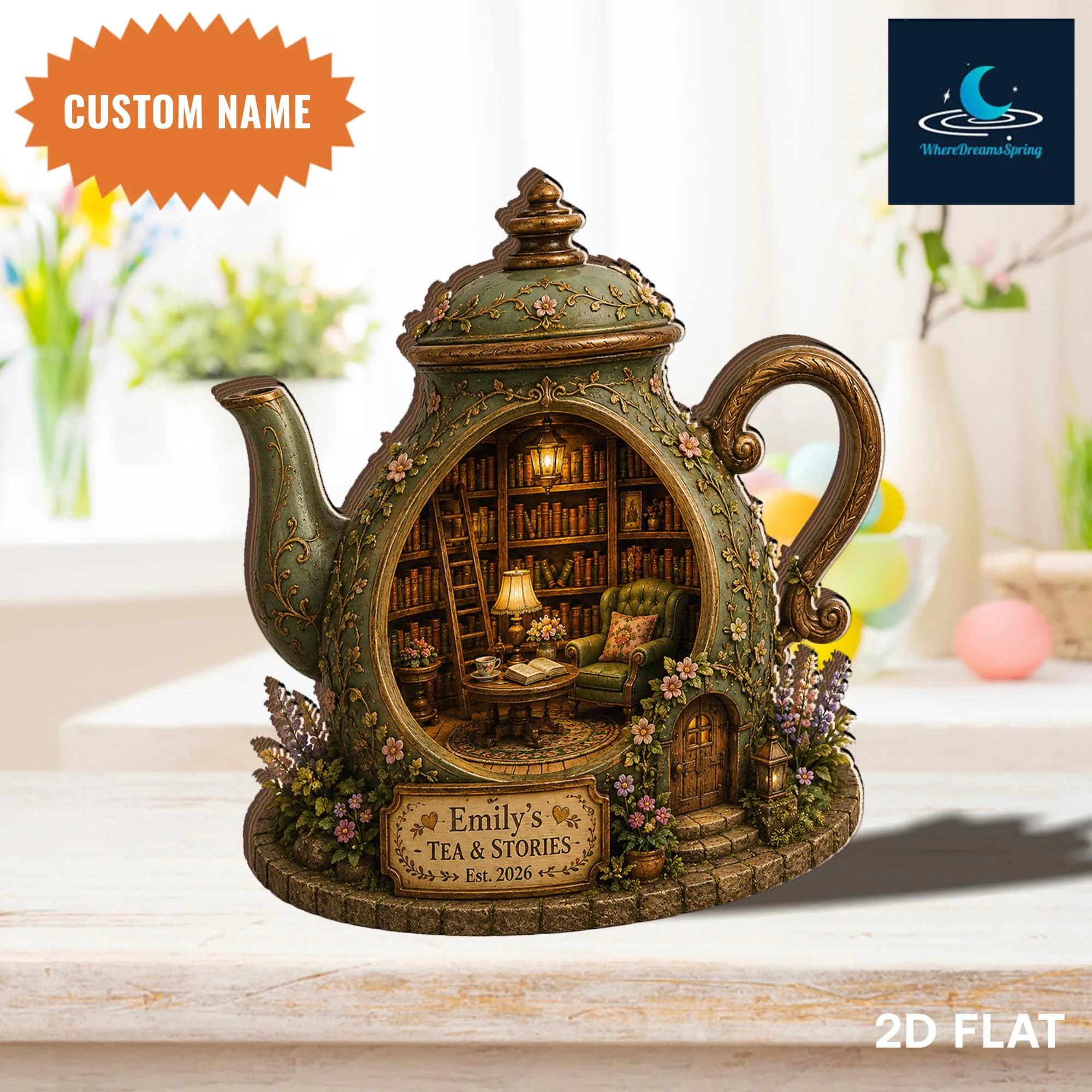 Personalized Teapot Book Nook Decor, Custom Tea Stories Sign, Cozy Reading Shelf - image 4