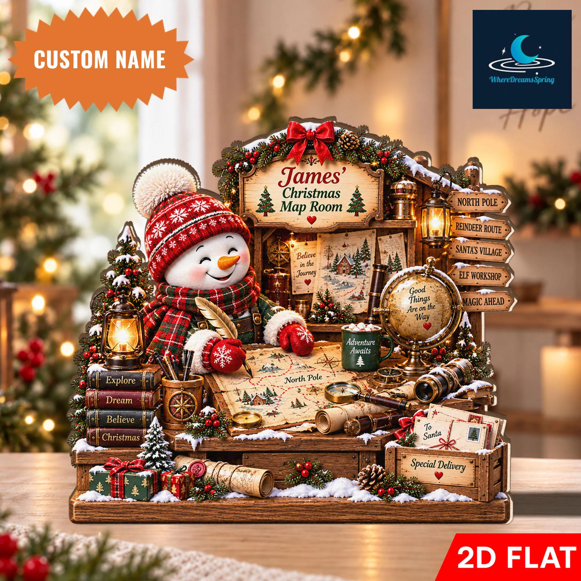 Personalized Christmas Map Room Wooden Block, Custom Name Winter Decor, Snowman Adventurer Display, Holiday Tabletop Gift