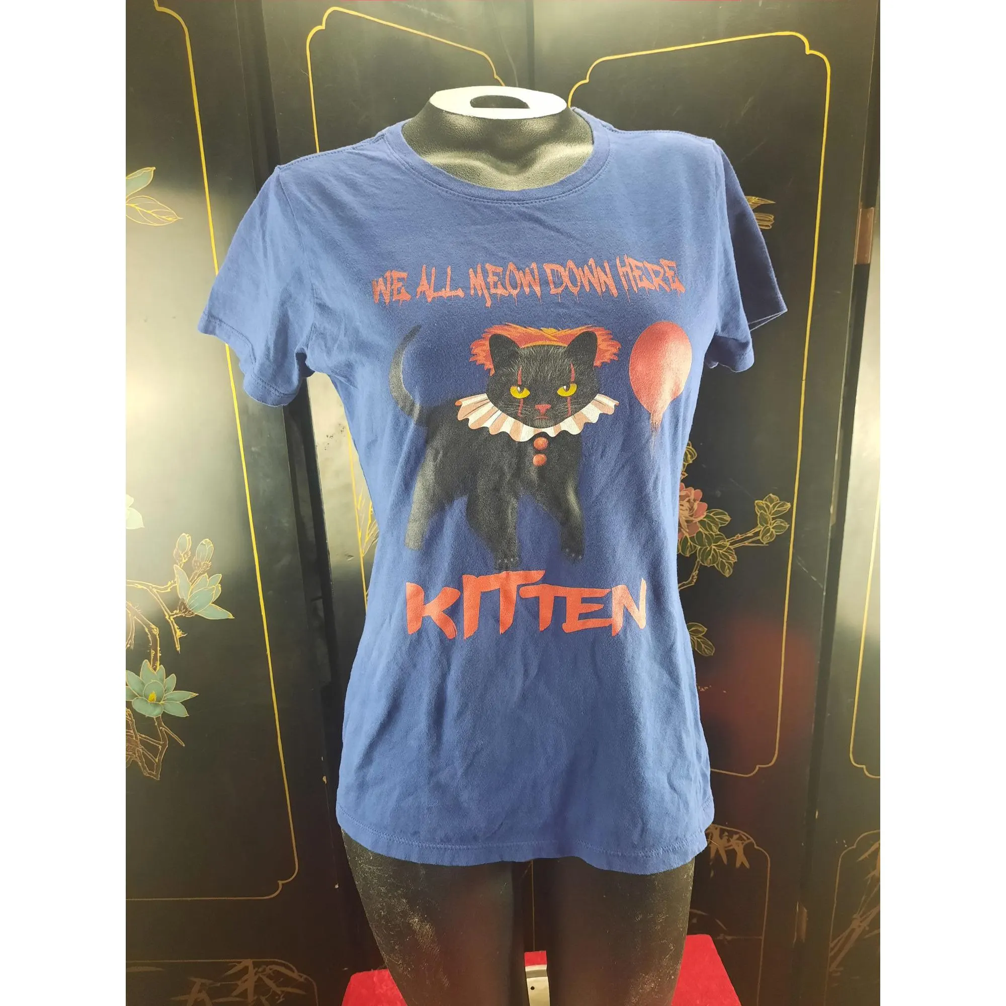 Womens S Tshirt Pennywise Cat Everything Meow Down Here Scary Halloween Cat Clown Shirt