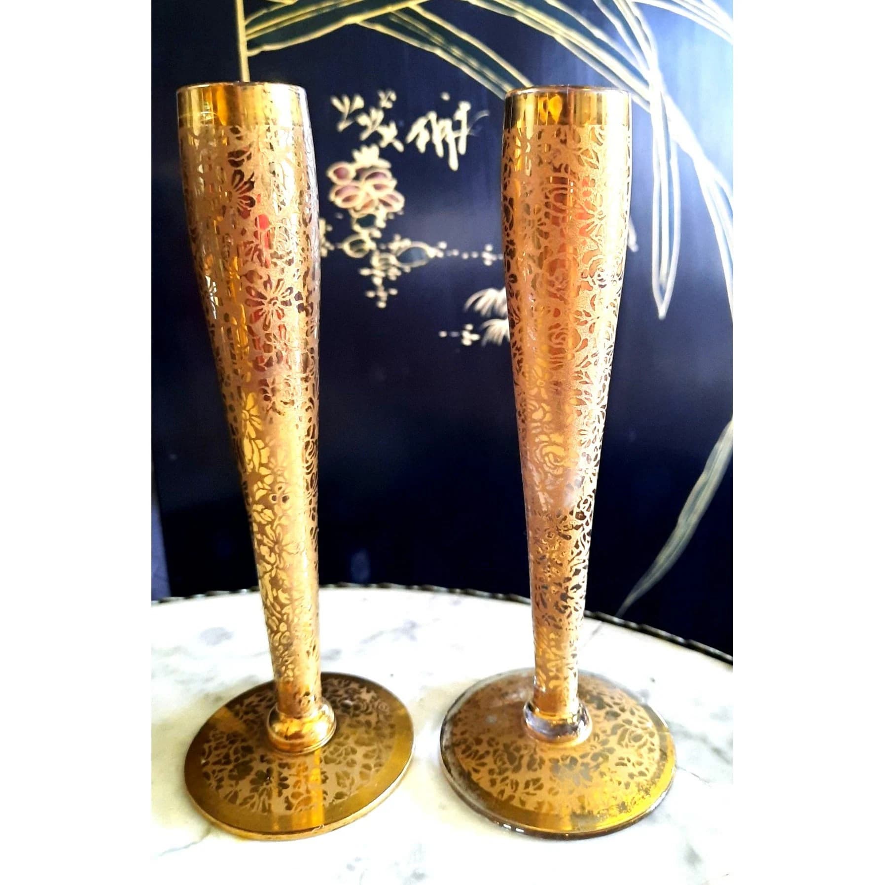 Vintage MCM Ransgil Crystal Gold Dipped Frosted Gold Stenciled Roses Floral Bud Vases Candle Holders Pair Stunning