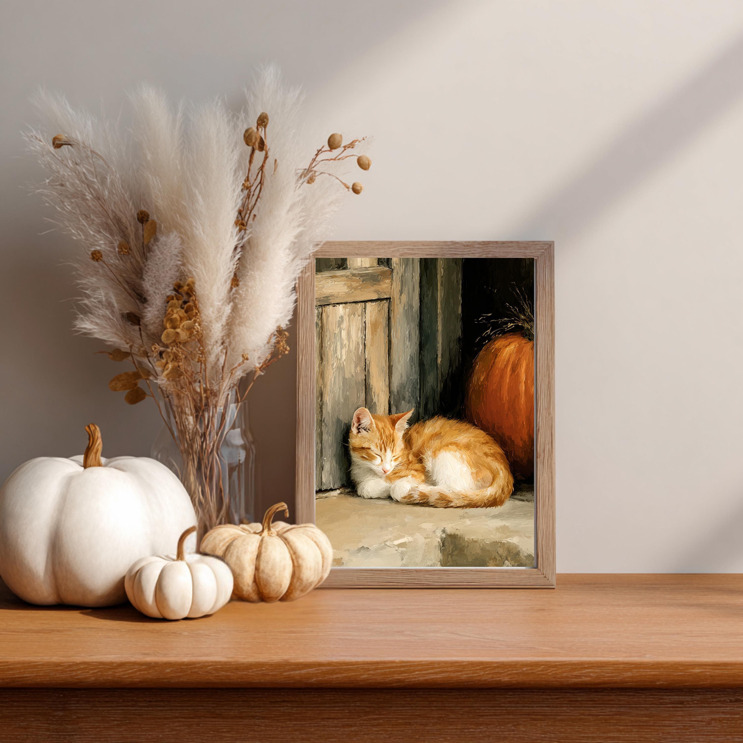 Ginger Cat and Pumpkin Print: Impasto Cottagecore Autumn Wall Art - image 5