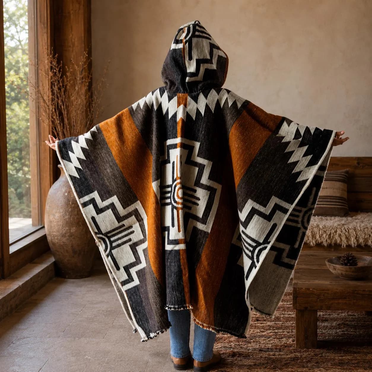 100% Wool Hooded Poncho | Southwestern Pullover | Unisex Western Outerwear - image 5