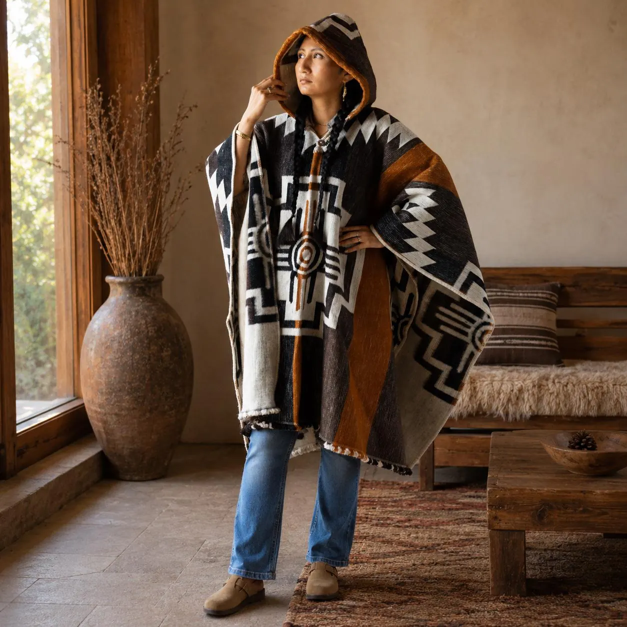 100% Wool Hooded Poncho | Southwestern Pullover | Unisex Western Outerwear - image 4