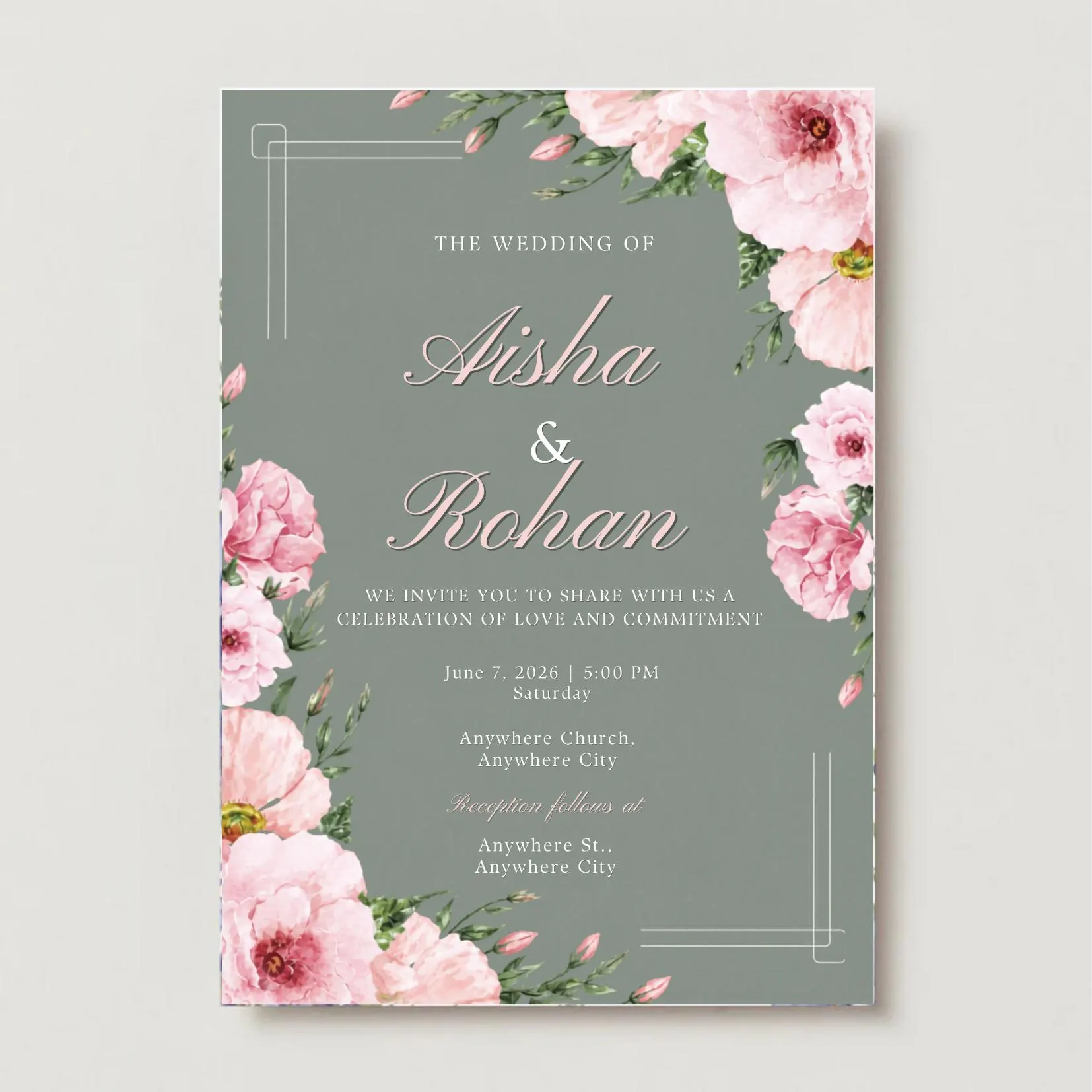 Sage Green Floral Wedding Invitation Template: Romantic, Elegant, Editable Canva Invite (Instant Download) - image 2