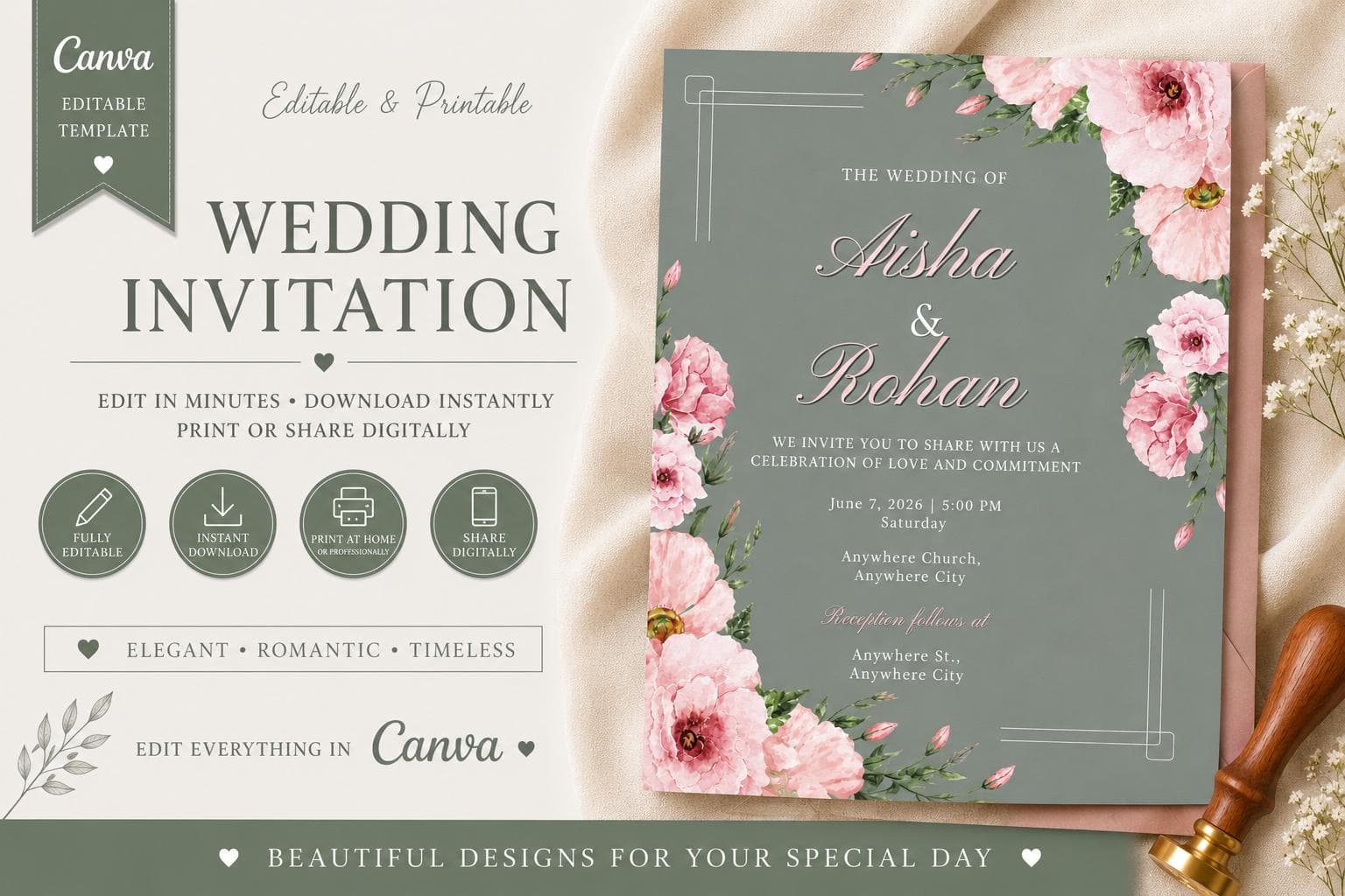 Sage Green Floral Wedding Invitation Template: Romantic, Elegant, Editable Canva Invite (Instant Download)