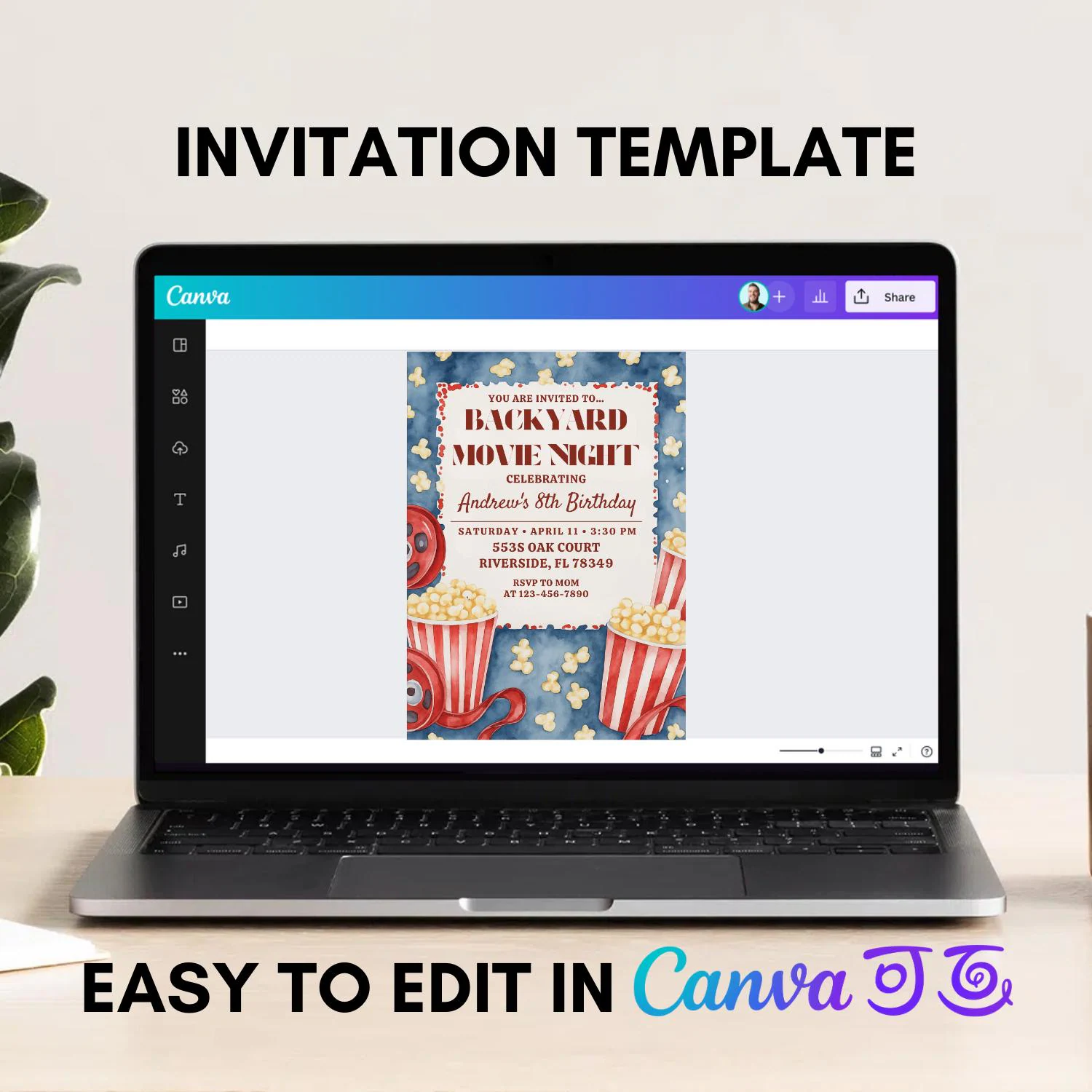 Backyard Movie Night Invitation: Popcorn & Film Reels (Digital Card Template, 5x7" Canva Edit) - image 4