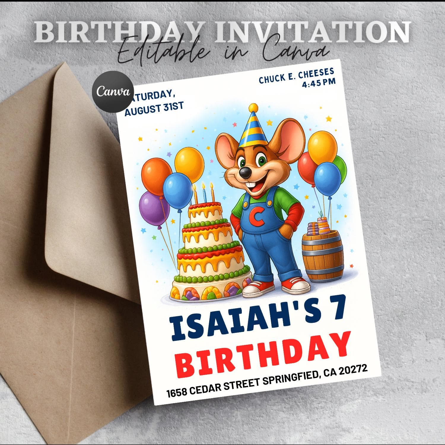 Chuck E Birthday Invitation: Pizza Arcade Party, Editable Template (Digital Download)