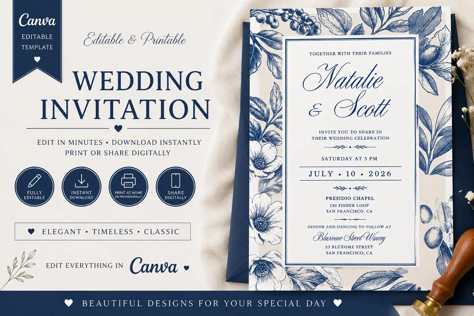 Blue Floral Wedding Invitation Template: Elegant Botanical Canva Design (Instant Download)