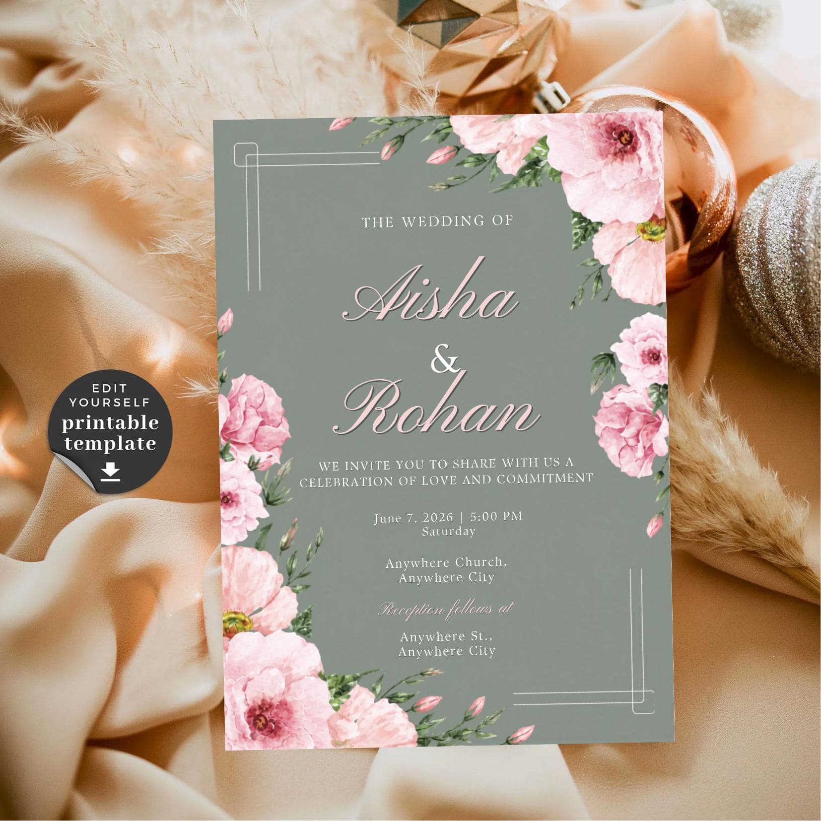 Sage Green Floral Wedding Invitation Template: Romantic, Elegant, Editable Canva Invite (Instant Download) - image 3