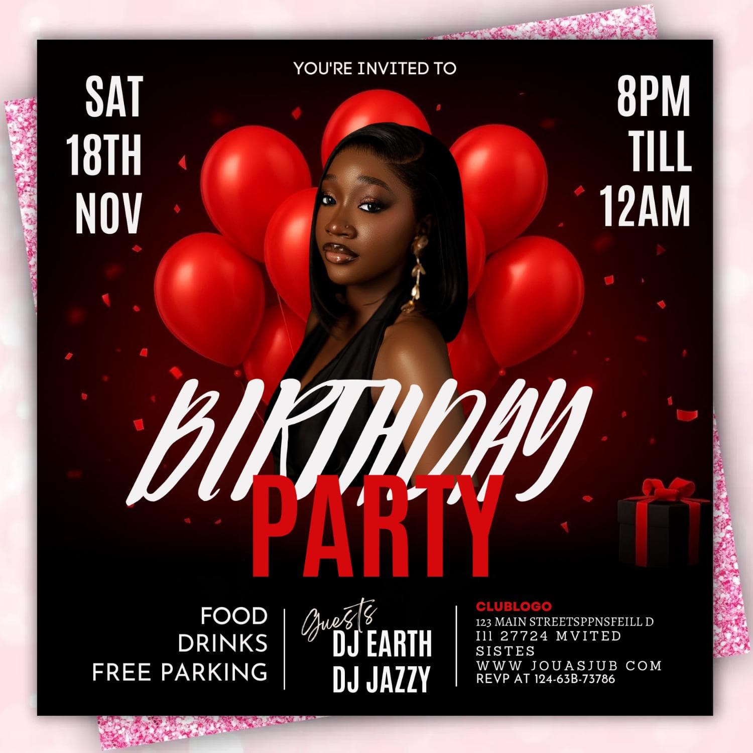 Nightlife Birthday Party Flyer, Red Balloon Bash (Editable Canva Template)