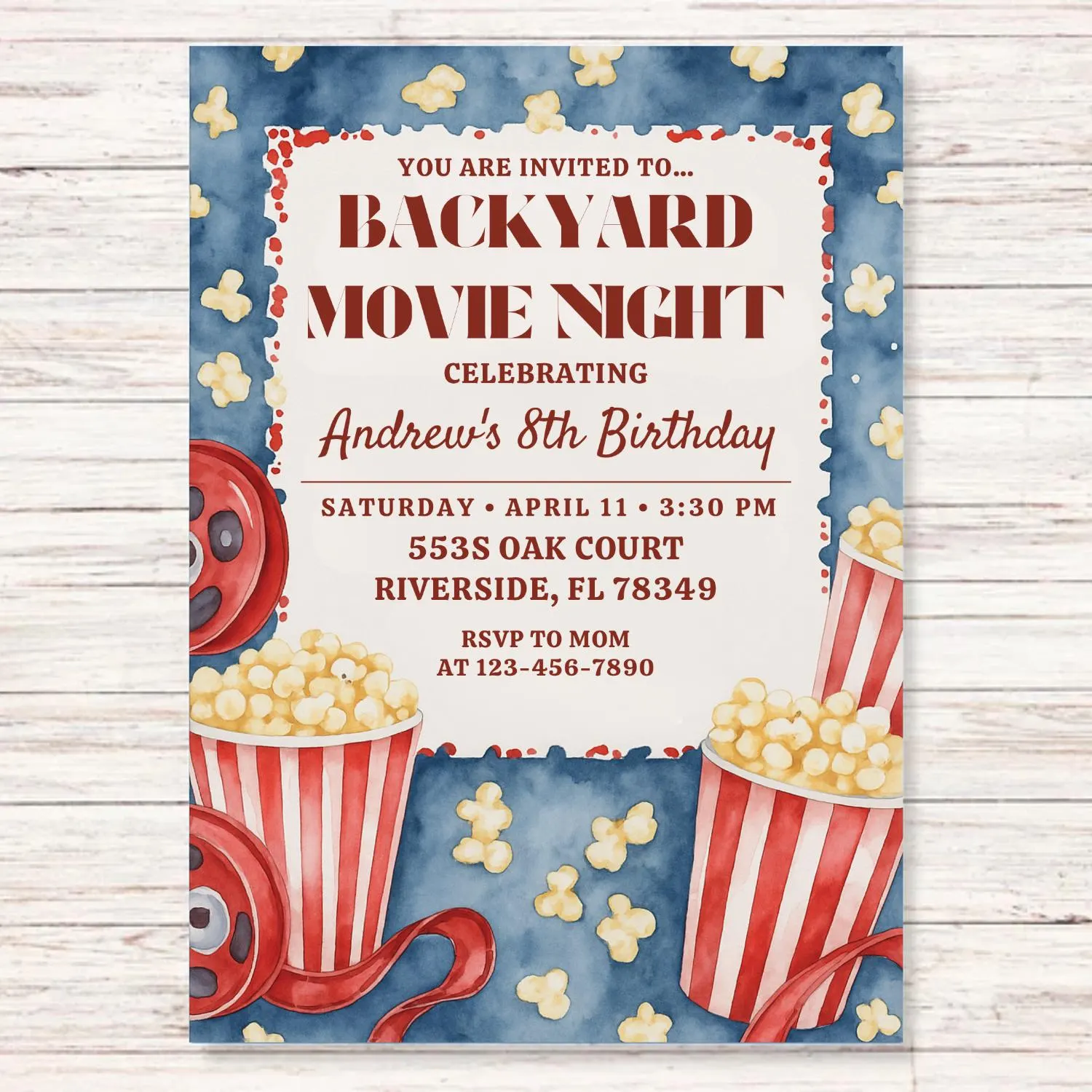 Backyard Movie Night Invitation: Popcorn & Film Reels (Digital Card Template, 5x7" Canva Edit)