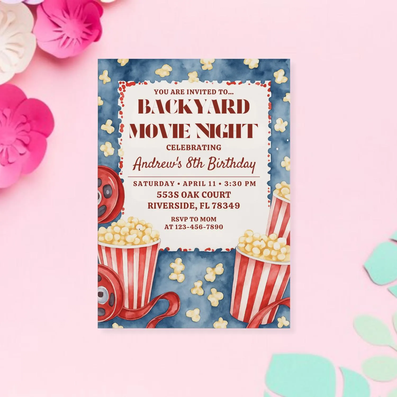 Backyard Movie Night Invitation: Popcorn & Film Reels (Digital Card Template, 5x7" Canva Edit) - image 3