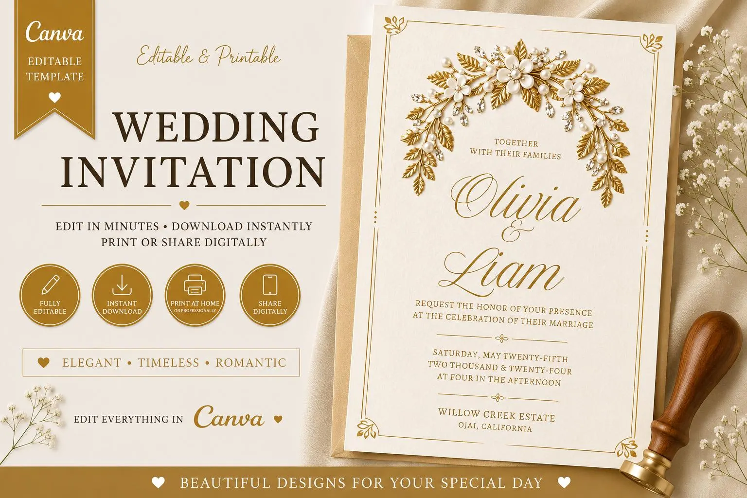 Editable Gold Floral Wedding Invitation Template (Instant Download)