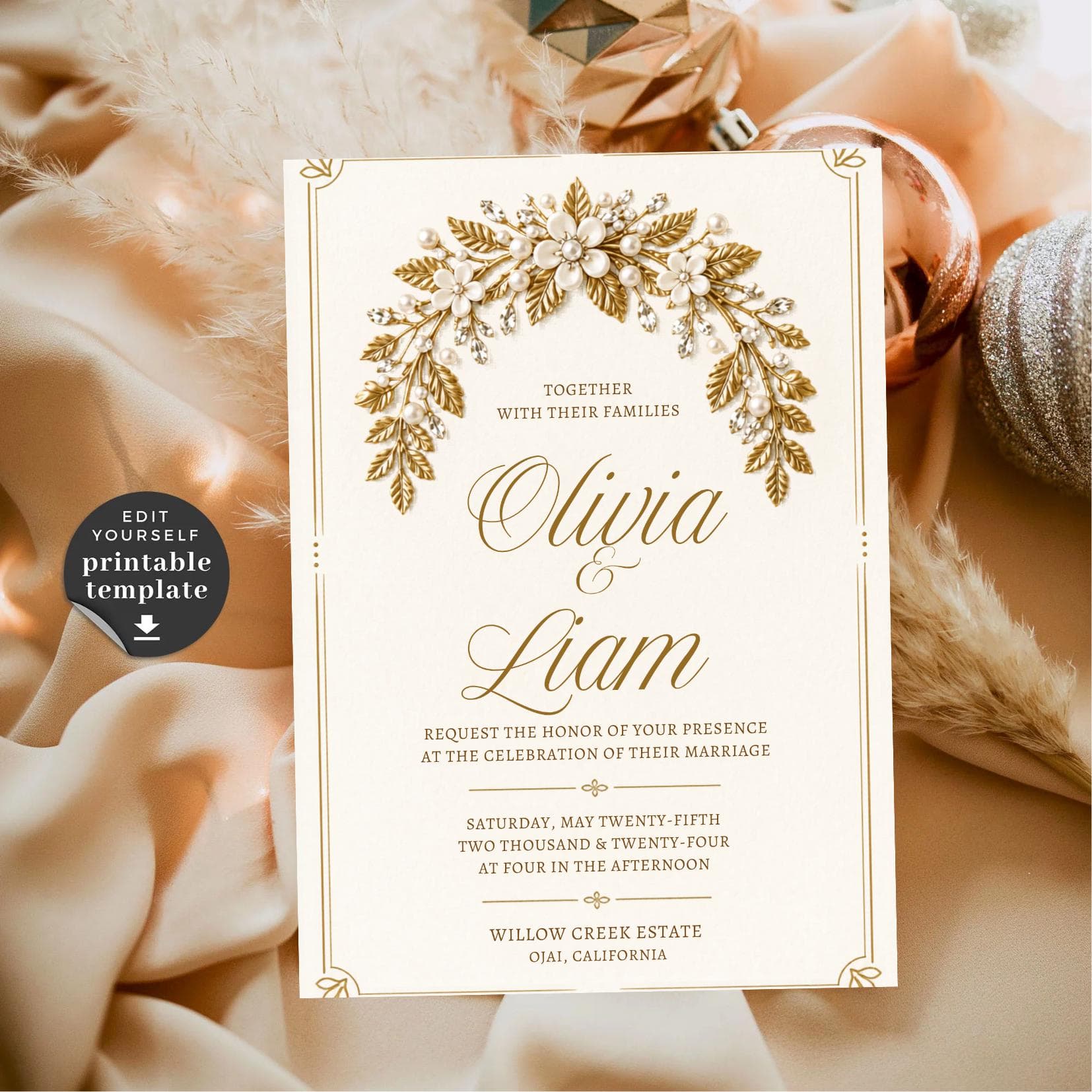 Editable Gold Floral Wedding Invitation Template (Instant Download) - image 2