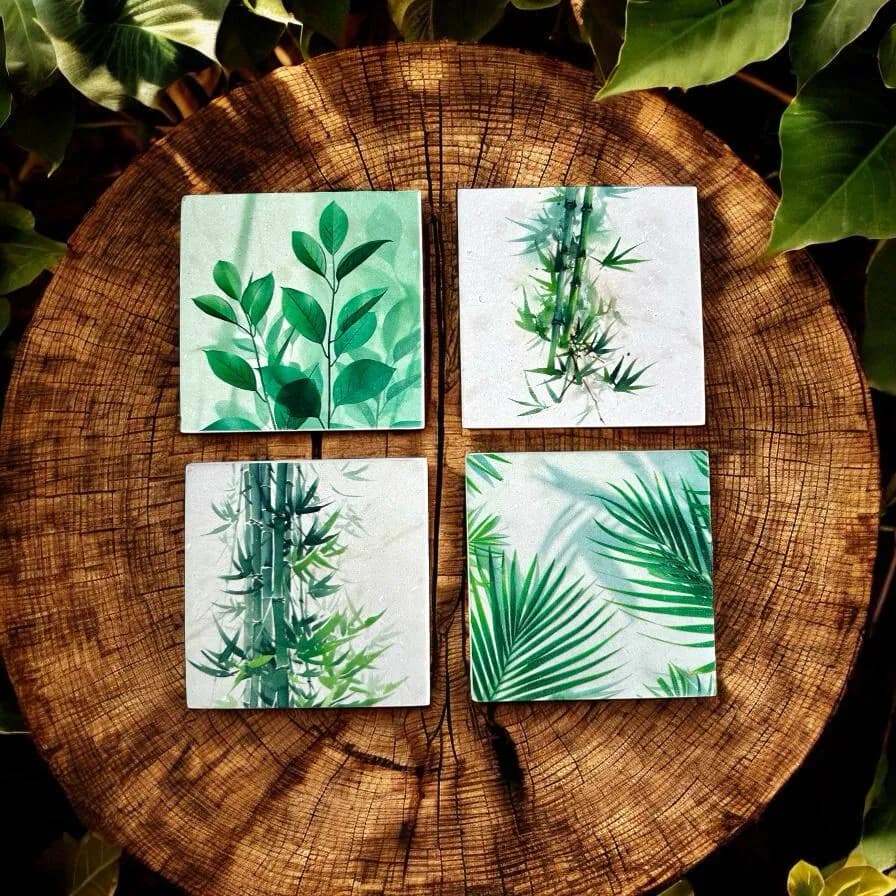 Limra Stone Coasters, Tropical Bamboo Botanical Decor, Set of 4 - image 4