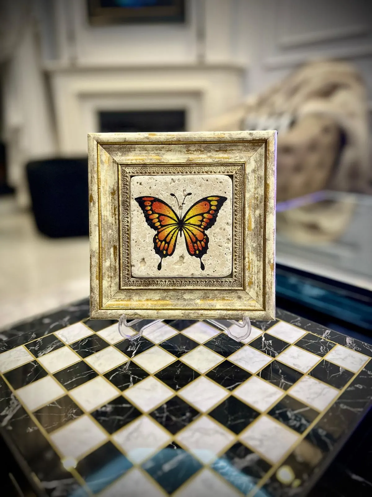 Butterfly Stone Art, Floral Wooden Frame, Handcrafted Decor - image 3
