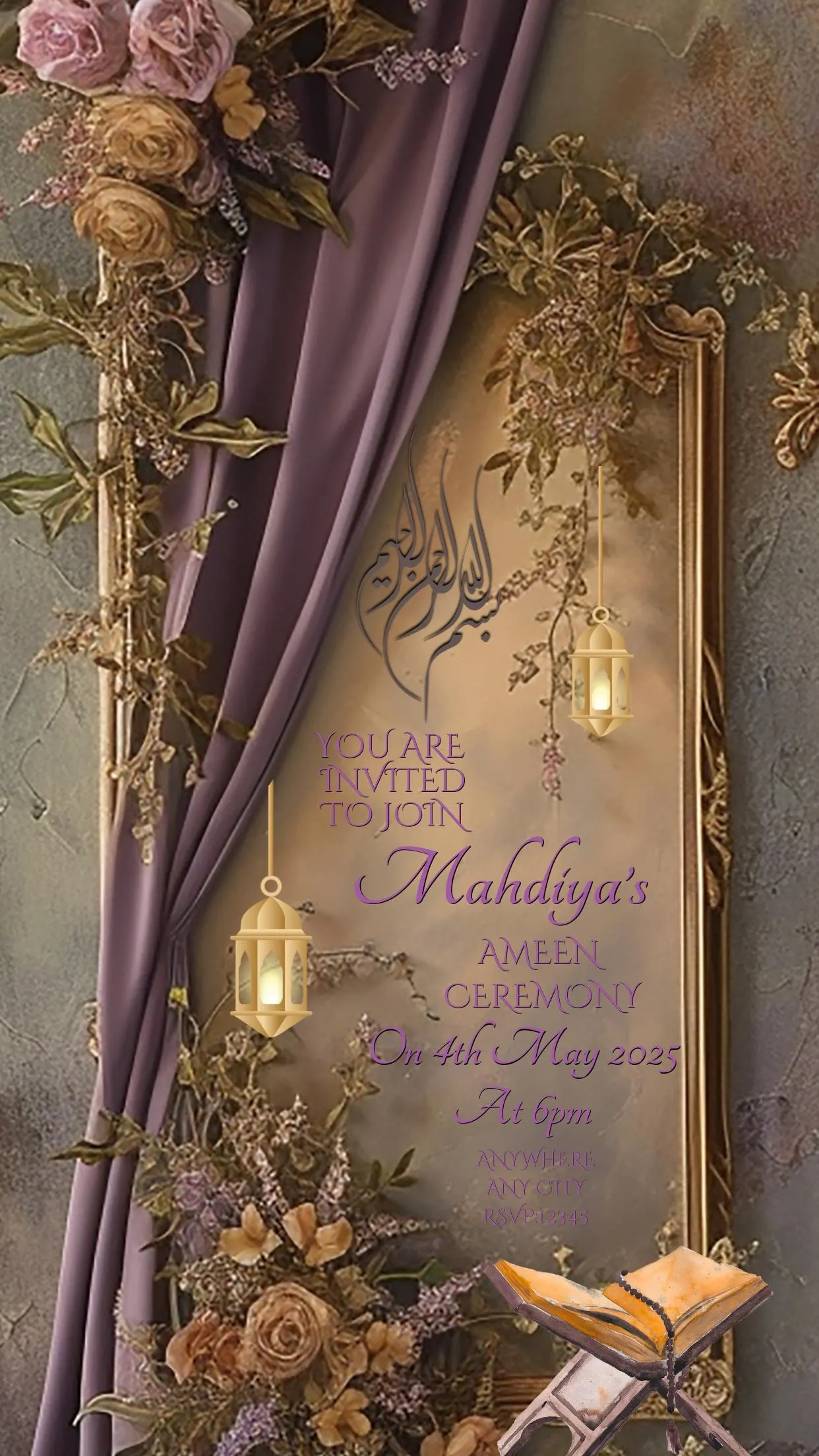 Lilac Gold Ameen Ceremony Ecard: Editable Invitation (Downloadable) - image 3