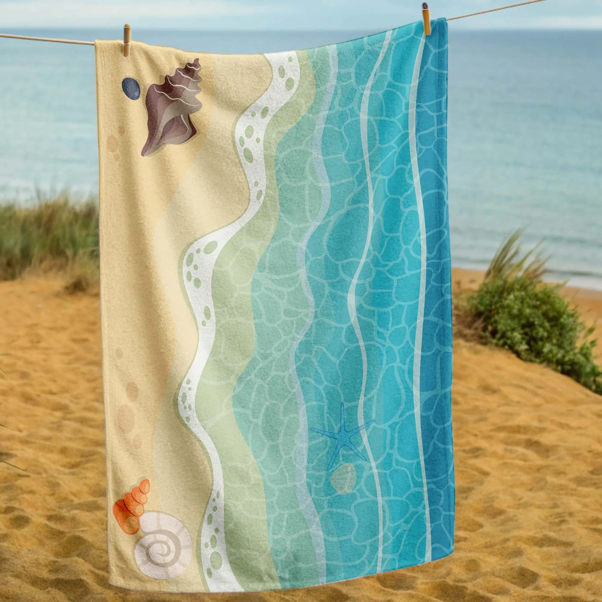 Beach Towel Art, Ocean Wave Towel, Sea Shell Towel, Summer Beach Gift, Coastal Bath Towel, Beach Decor Towel,Sea Theme Towel,Cute Beach Wrap