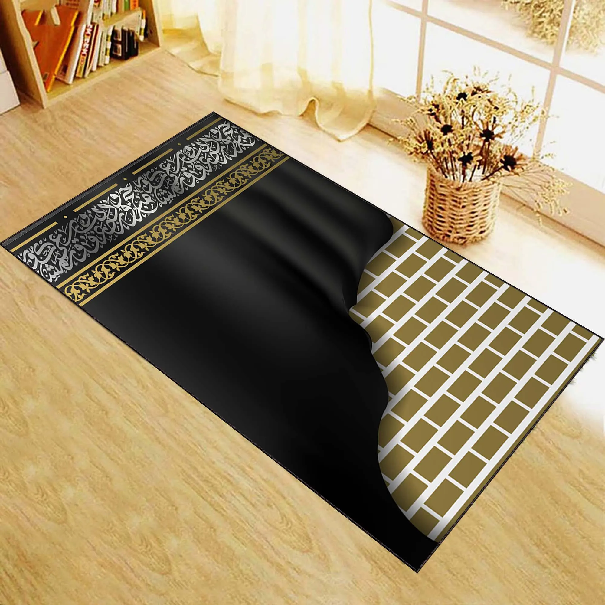 Kaaba Design Prayer Rug: Islamic Calligraphy Polyester Mat